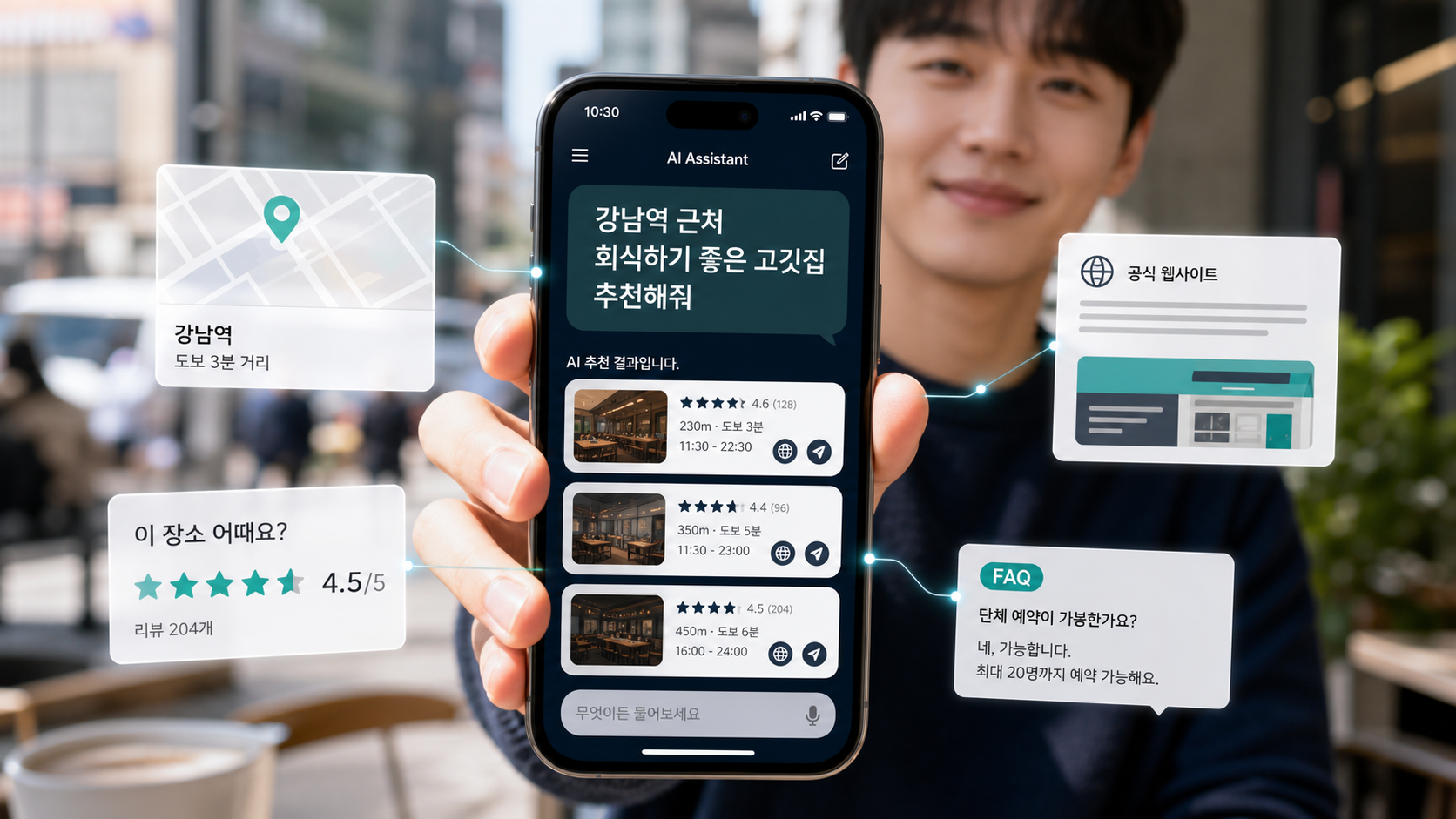 스마트폰에서 AI에게 지역 맛집을 질문하고 답변을 확인하는 장면