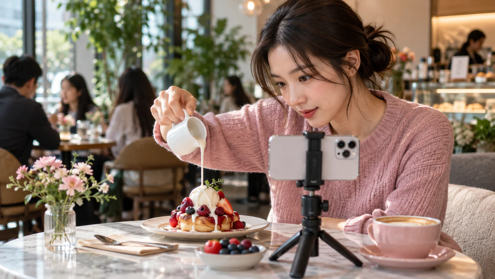한국인 크리에이터가 서울 카페에서 디저트 영상을 촬영하는 장면입니다.