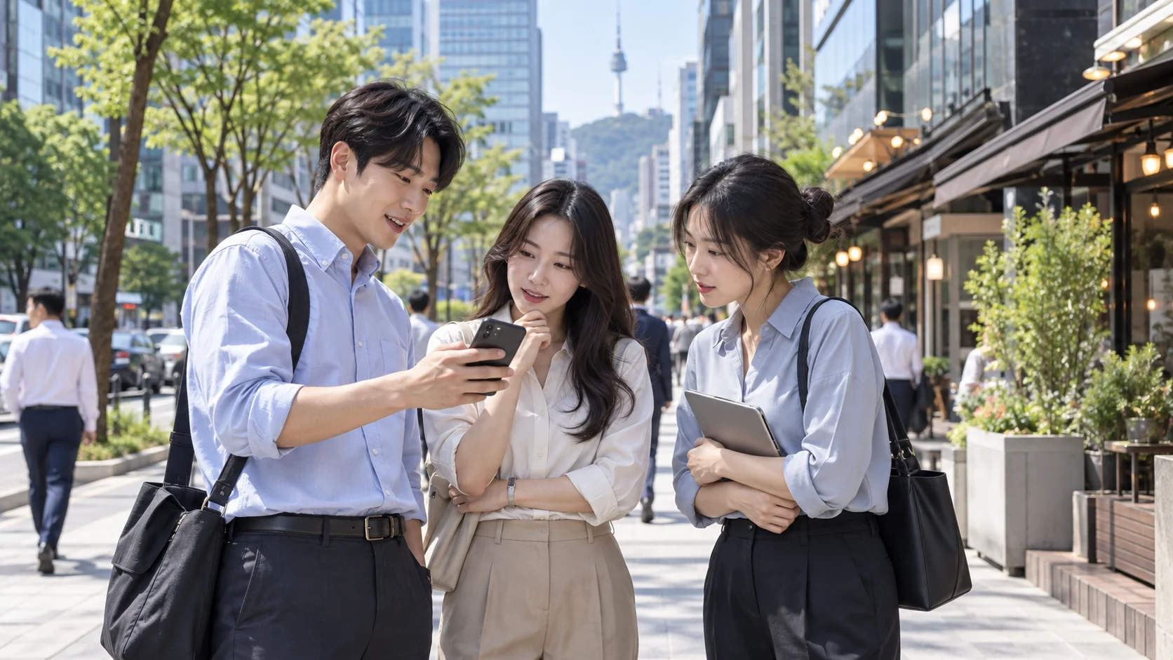 서울 업무지구에서 점심 장소를 살펴보는 한국 직장인들의 모습입니다.