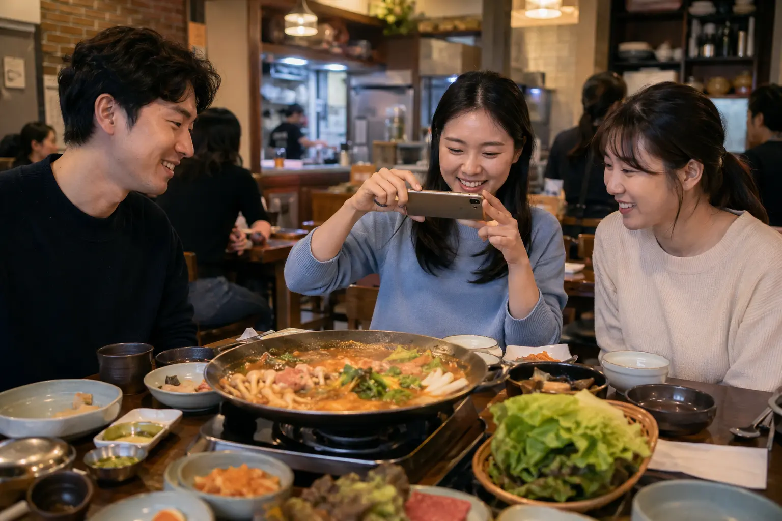 대표 메뉴의 구성과 먹는 장면을 자연스럽게 기록하는 고객